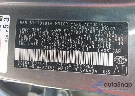 2008 Toyota Corolla Le z USA, uszkodzony, nr VIN 2T1BR32E98C892601